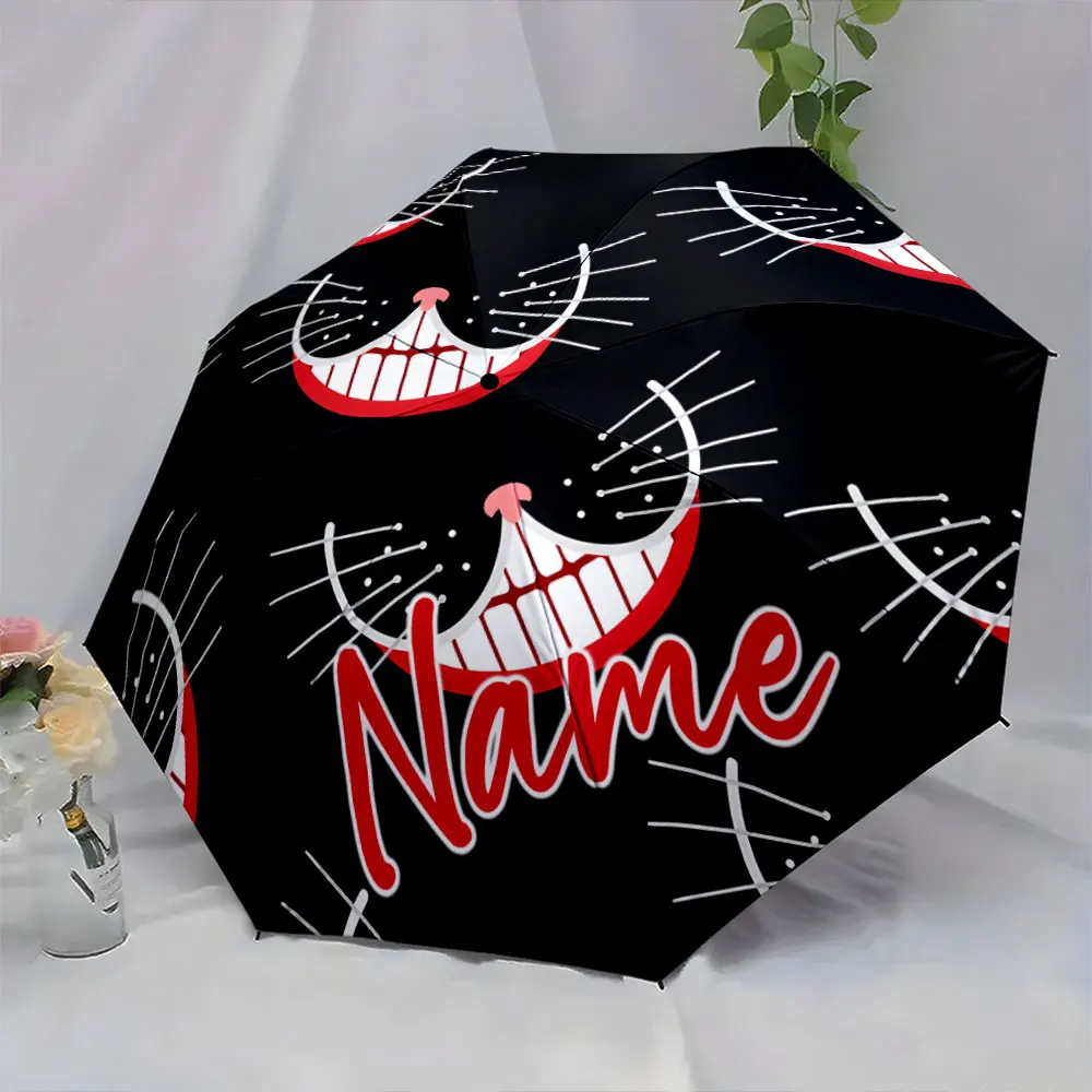 Custom Name Umbrella Smiling Cat Umbrella Design Print 8 Iron Ribs Folding Umbrella Auto-Open Fashion Sunshade