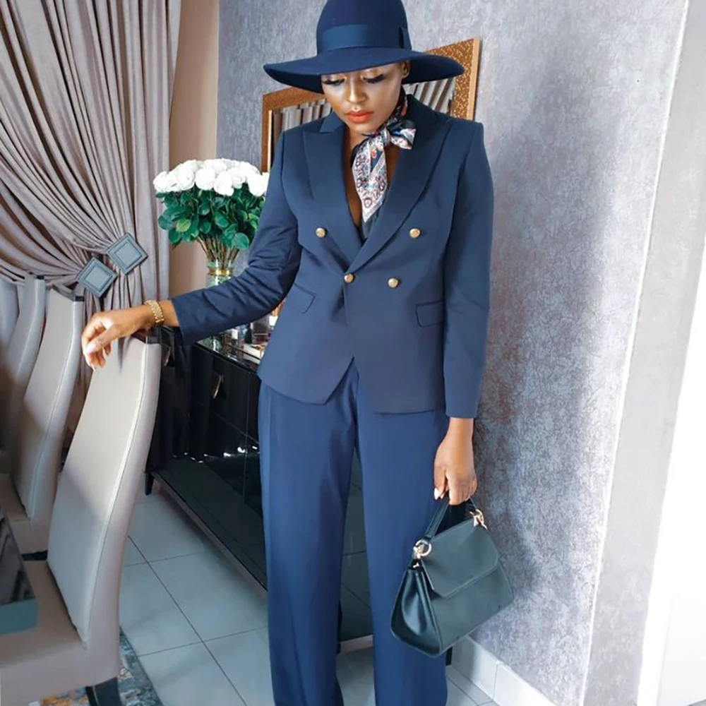 Chic Women Navy Blue 2Piece Suit Set Double Breasted Blazer Straight Leg Pants Formal Office Business Evening Party Outfit