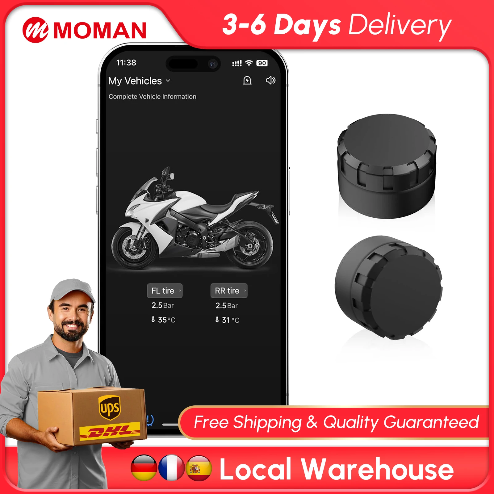 【STOCK UE】Système TPMS pour moto Moman avec 2 capteurs et application, système d'alarme de surveillance de la pression et de la température des pneus en temps réel pour moto