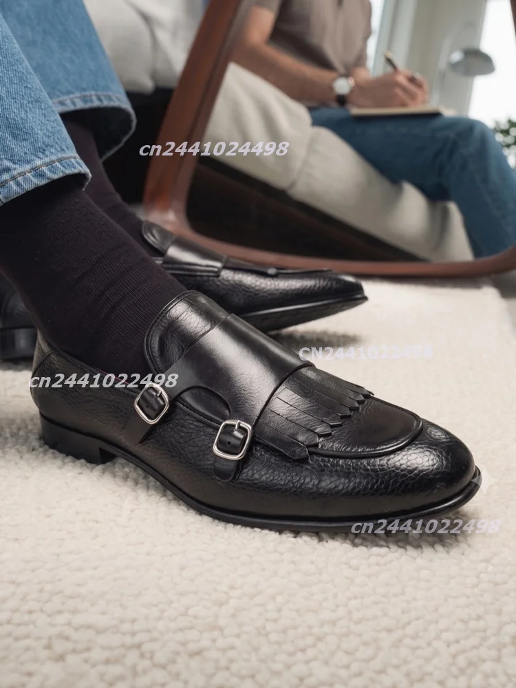 Men's Double Monk Strap Loafers Tassel Slip On Shoes Buckle Strap Faux Leather Low Heel Round Toe Business Meeting Dress Shoes