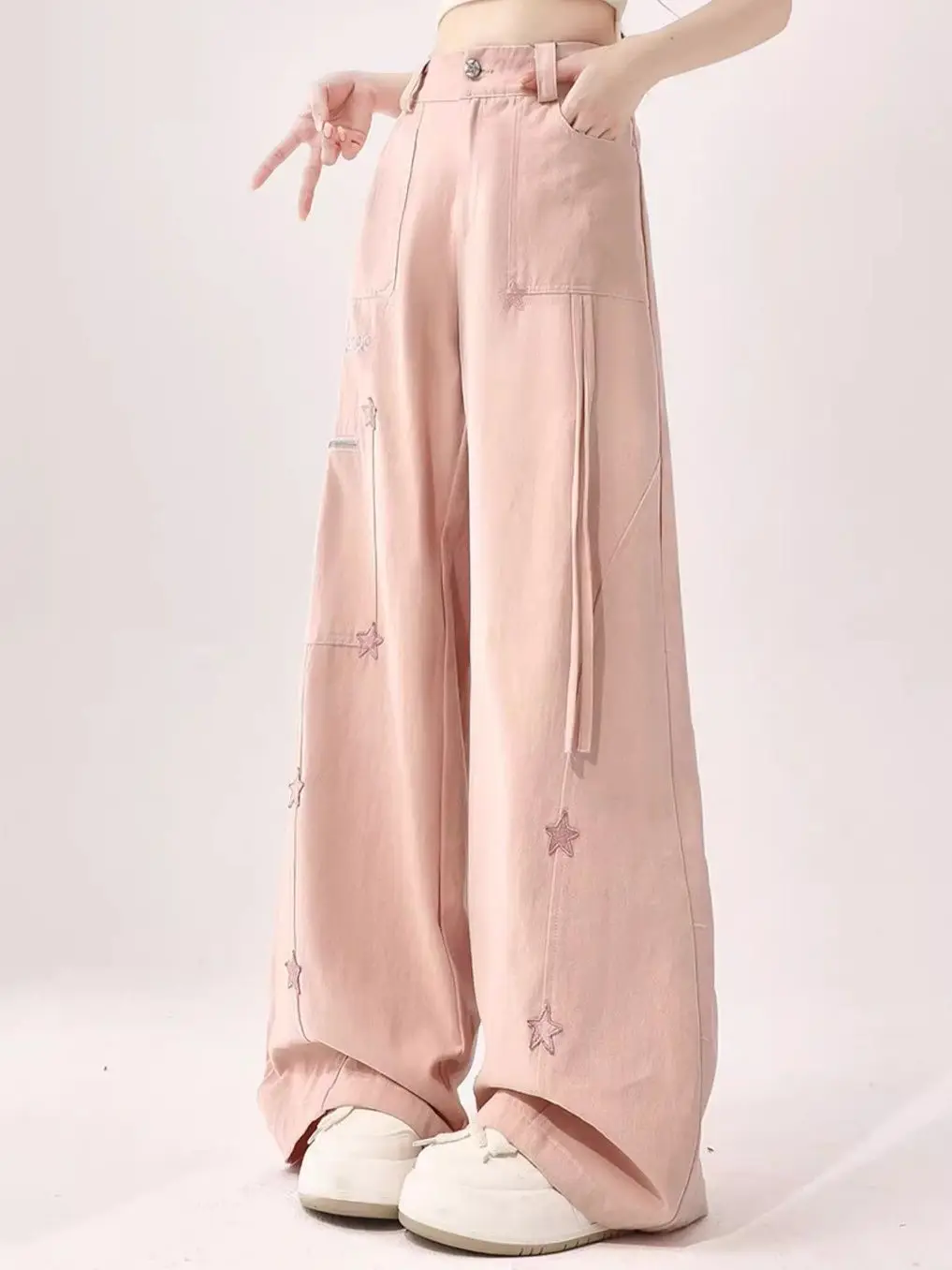 Pink Embroidered Jeans Women's Summer Slim Vintage Cargo Wide-leg Pants