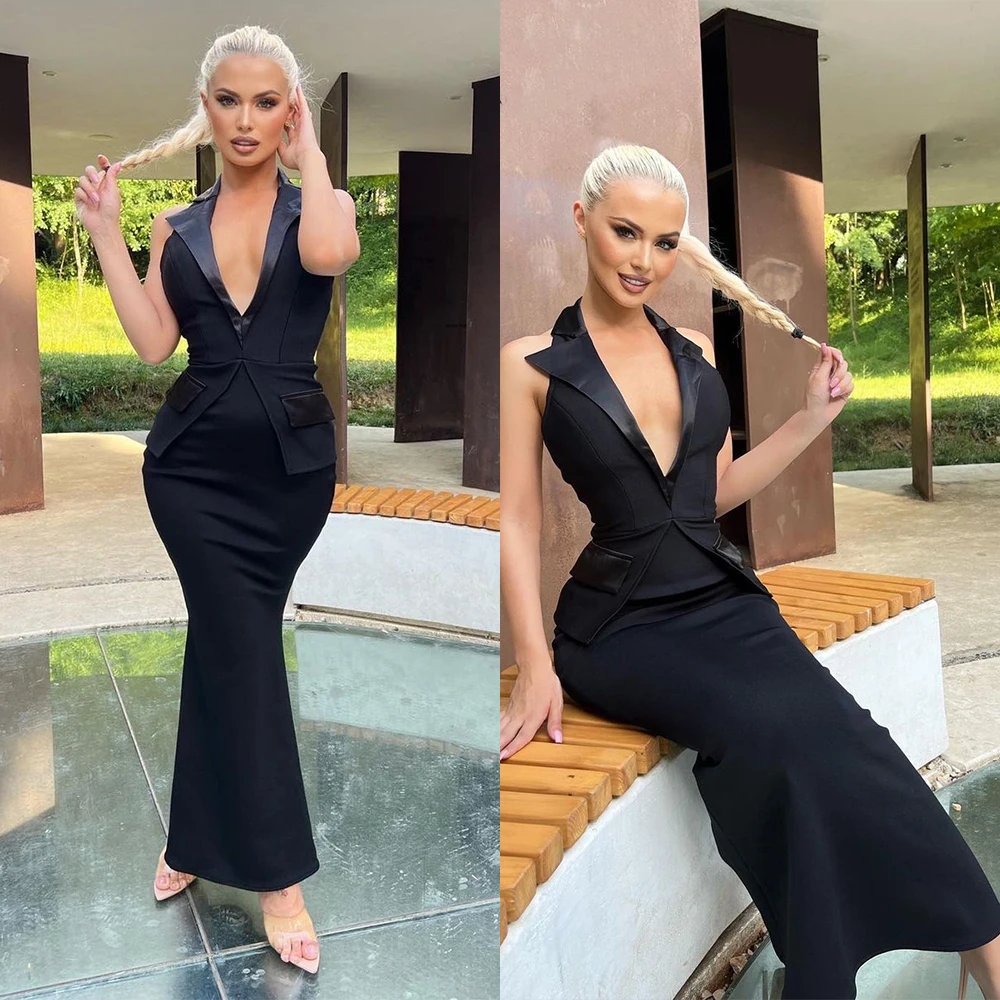 

Sexy Black Women Dress Wedding Party Deep V Neck Sleeveless Show Gown Fashion Celebrity Formal Party Prom Dress Custom Made
