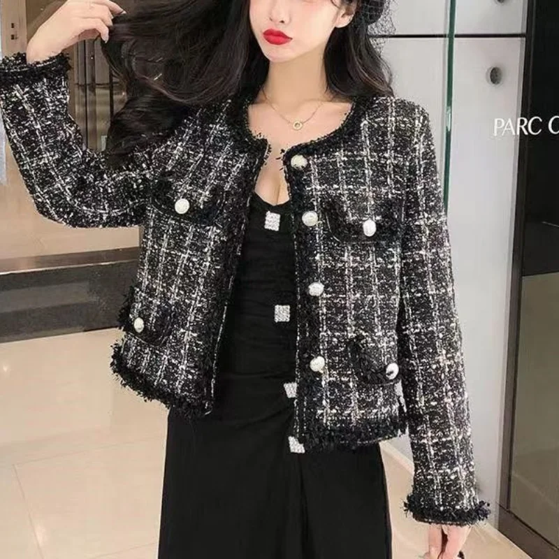 

Women Springautumn New O-Neck Woolen Cardigan Fashion Trendy Casual Plaid Tops Button Pocket Splicing Versatile Long Sleeve Coat