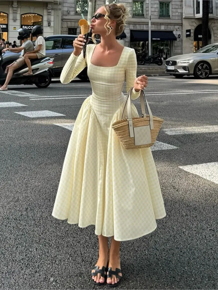 

A-line Dress Vestidos Dresses 2025 Woman Women's Clothing Slim Lattice Long Sleeves Pleated Fresh And Sweet Elegant Temperament