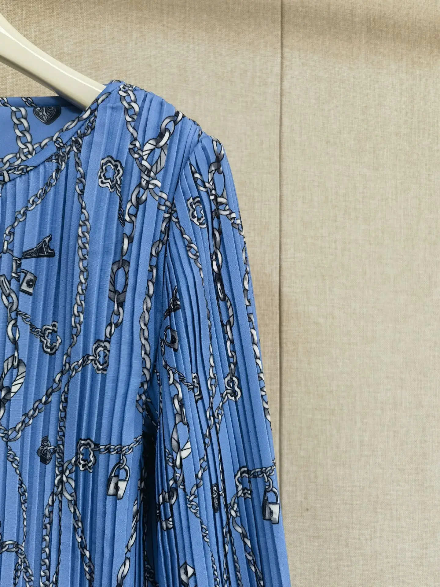 Chain Printed Women Blue Dress Pleated O-Neck Long Sleeve Vintage Autumn 2024 Mini Robe