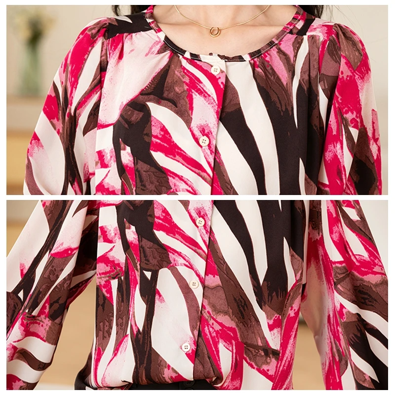 エレガントなオフィスレディースワークプリントシフォンシャツ女性ブラウス春/夏長袖トップルーズカジュアルロングシャツ