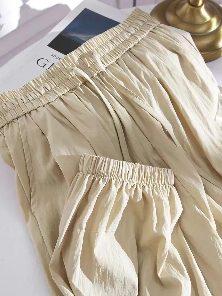 ผ้าไหมน้ําแข็งผู้หญิงฤดูร้อนบางเอวสูงบาง Harun Casual ผูกกางเกง