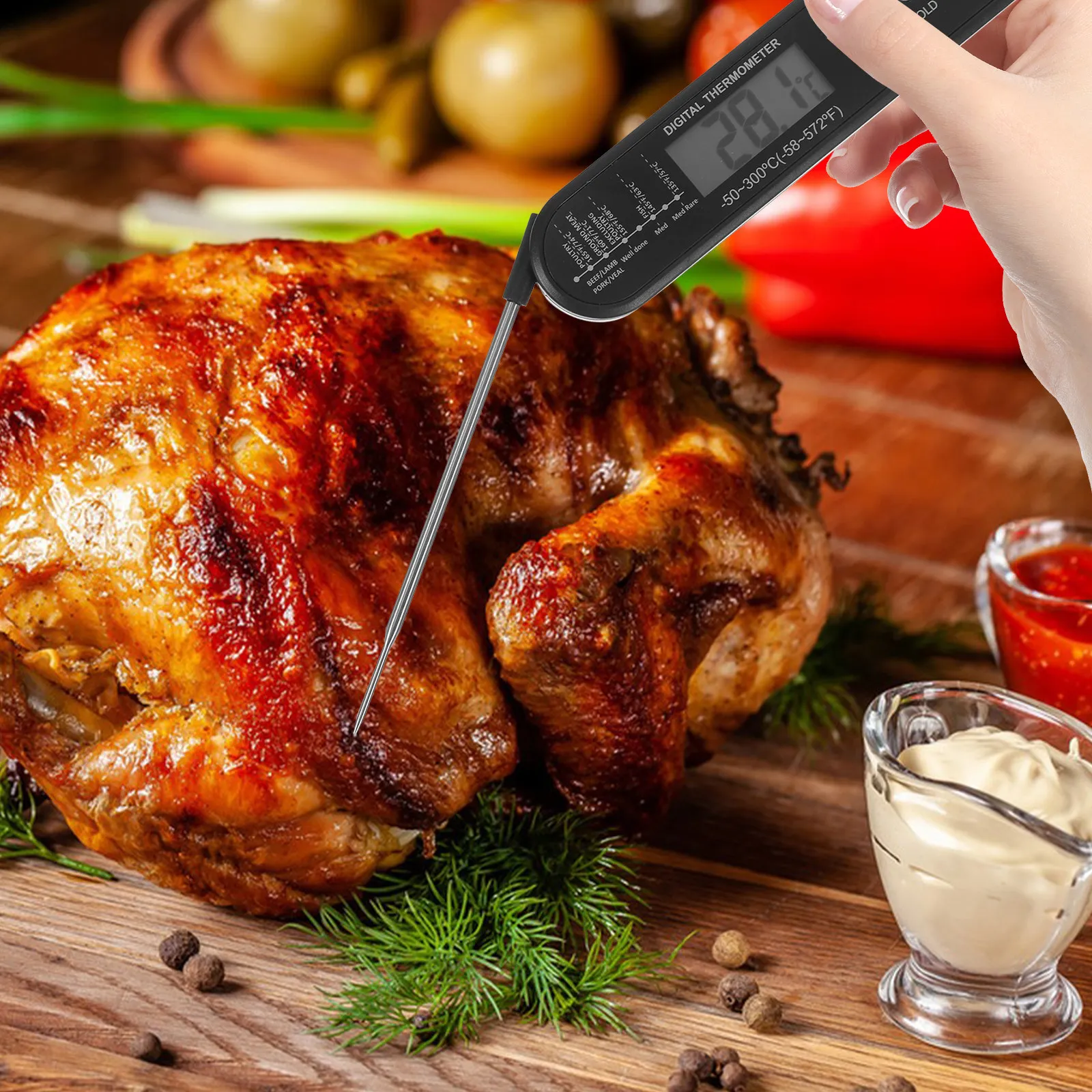Termômetro Digital para Carne em Aço Inoxidável com Sonda Longa Dobrável e Leitura Instantânea para Churrasco, Assados, Fritadeira a Ar e Uso na Cozin