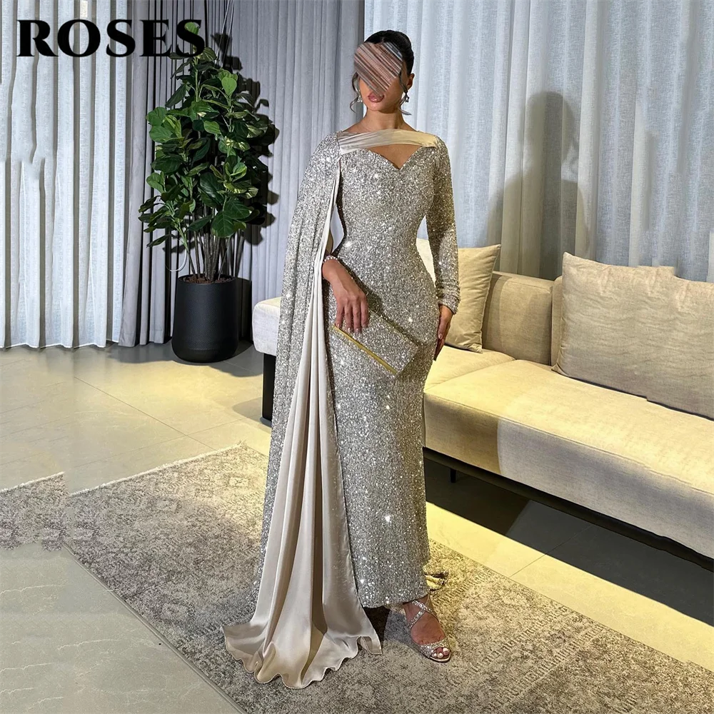 

ROSES Серебряные вечерние платья с пайетками Вечернее платье с накидкой и рукавами Русалка Ночное платье с длинным рукавом فساتين السهرة Индивидуальные
