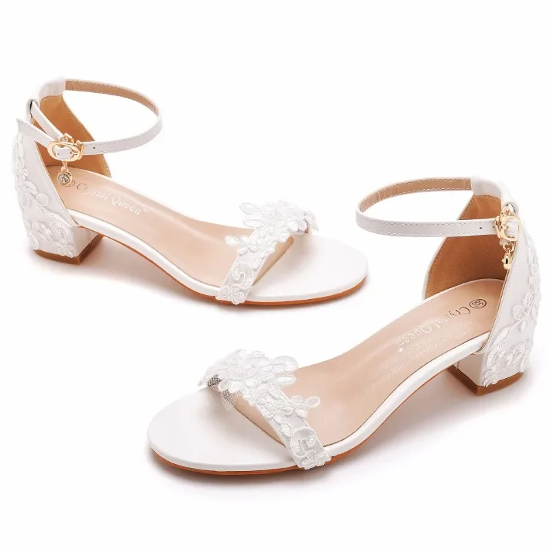 34-43 7 Cm Thick-heeled Sandals Shallow Mouth One-word Sandals with Square Heel Buckle White Lace Bridal Wedding Shoe High Heels