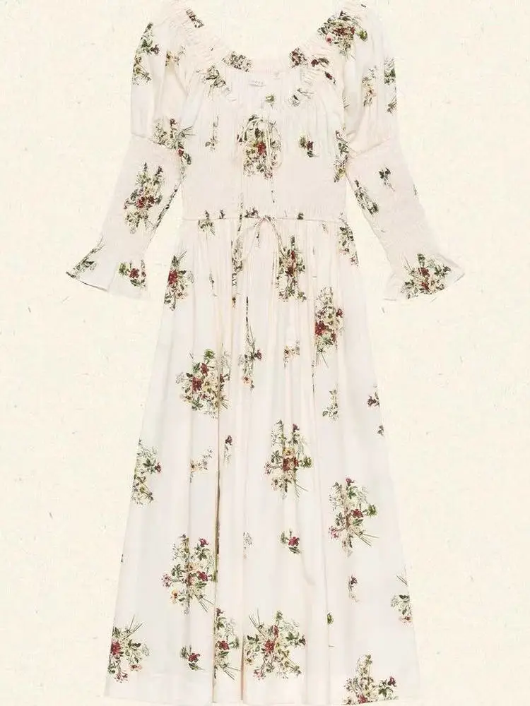 Vestido F de Manga Longa Estilo Campestre Susan, Cintura Elástica, Decote em U, Saia Floral de Conto de Fadas para Cam...