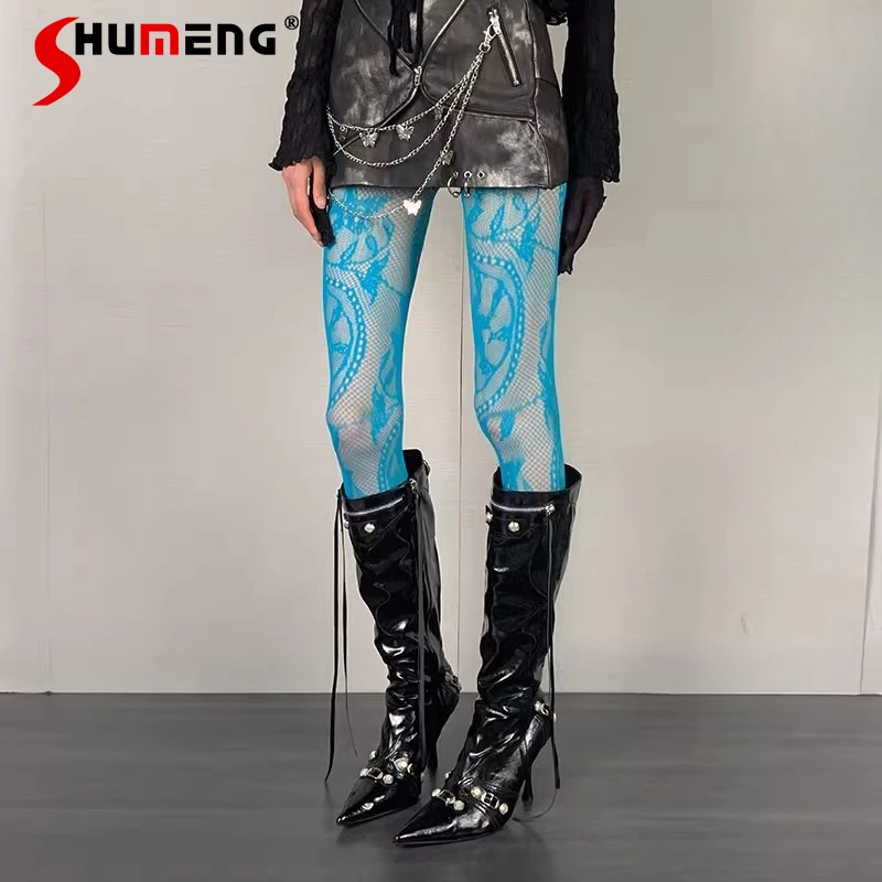 

Милые чулки в стиле панк, жаккардовые чулки для девочек Y2K в стиле ретро, синие уличные легкие азиатские нишевые синие сексуальные облегающие леггинсы для женщин