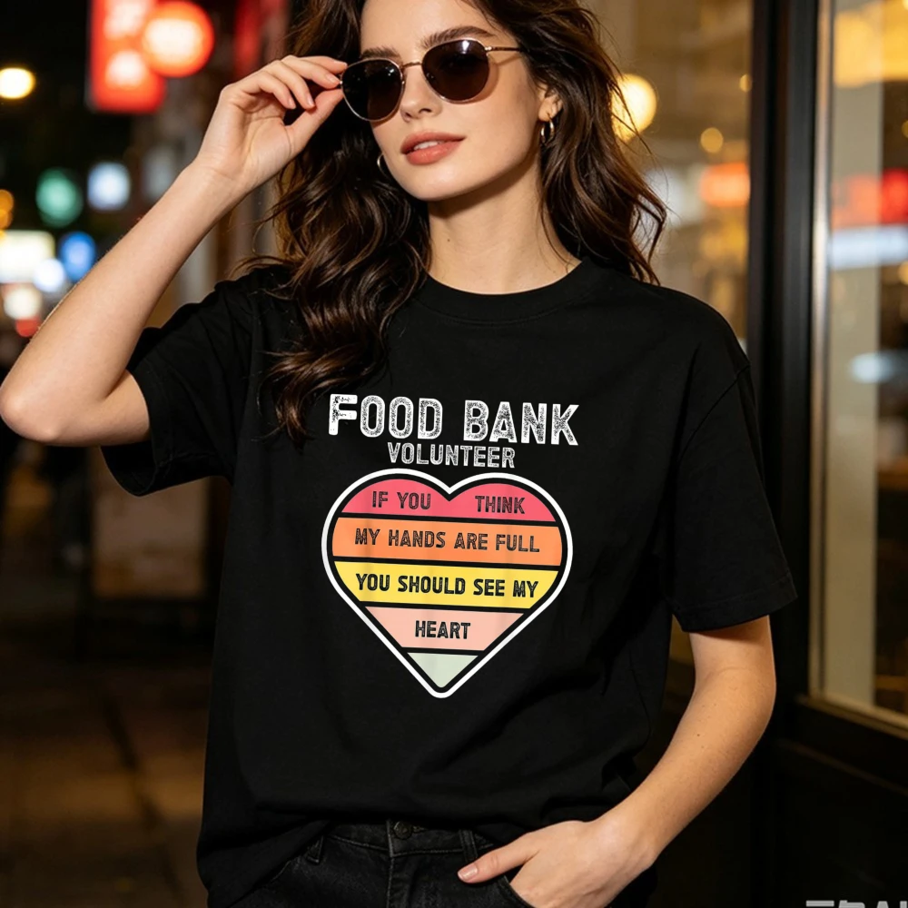T-shirt en coton pour femmes, motif cœur rétro, slogan 'Food Bank', pour bénévoles de la banque alimentaire, charité, communauté, style décontracté urbain