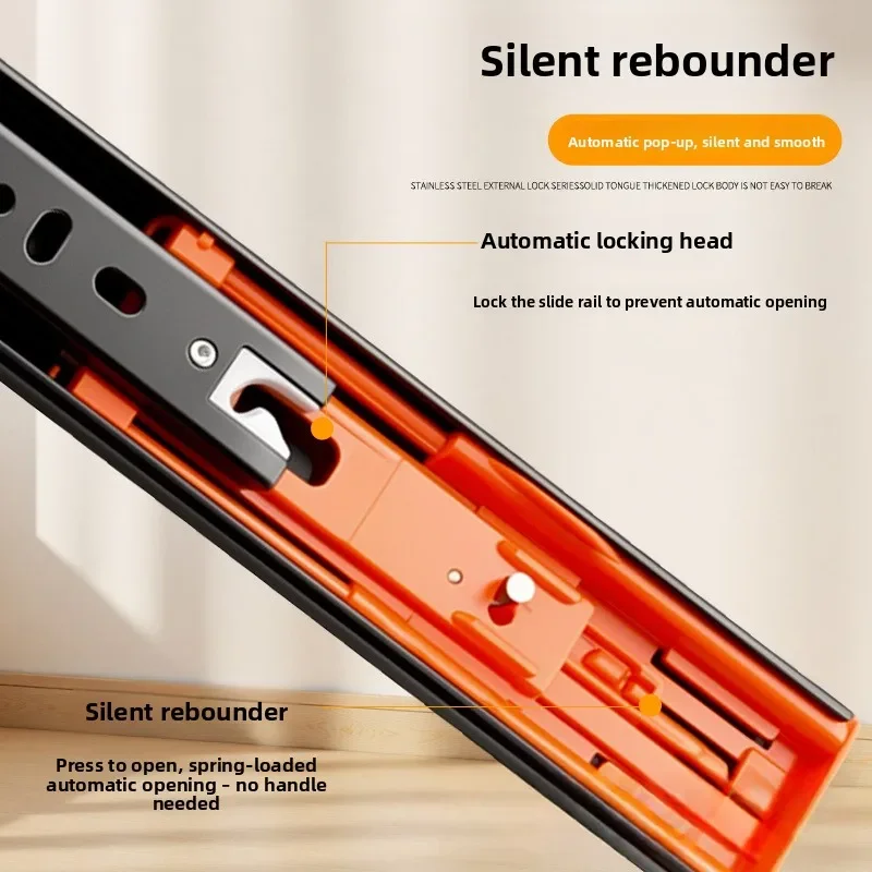 Thickened Soft‑Close Push‑to‑Open Drawer Slide Stainless Steel Ball‑Bearing Three‑Fold Rail Runner Cabinet Wardrobe Furnitur