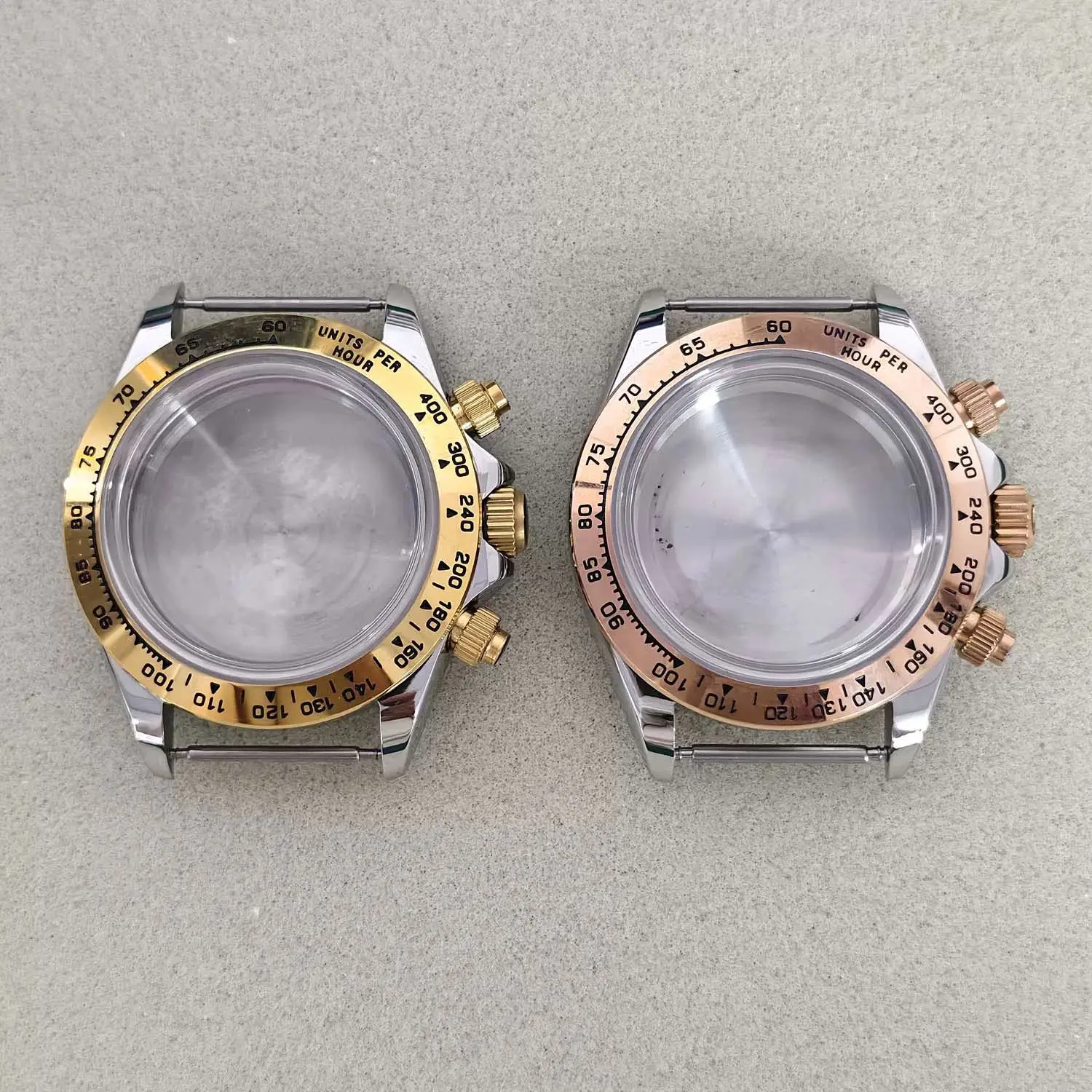 39mm Two Tone Rose Gold Stainless Steel Watch Case Bubble Crystal Fit VK63 3-Eye Chronograph Quartz Movement Watch Mod Parts