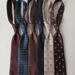 Korean Formal 8CM Polyester Jacquard Neck Ties For Men Luxury Striped Plaid Wine Red Brown Neckties Business Tie Wedding Cravat