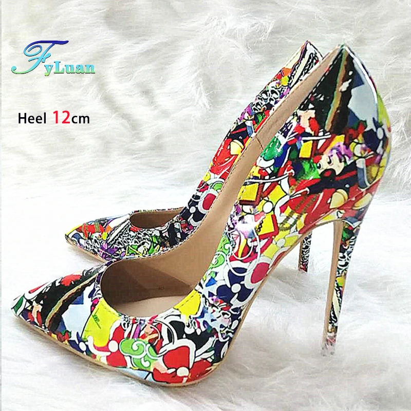 

Женская обувь на тонком высоком каблуке 8 см, 10 см, 12 см, цветные граффити, женская обувь с неглубоким носком, весна-лето, весна-лето, большие размеры, модные туфли-лодочки с острым носком