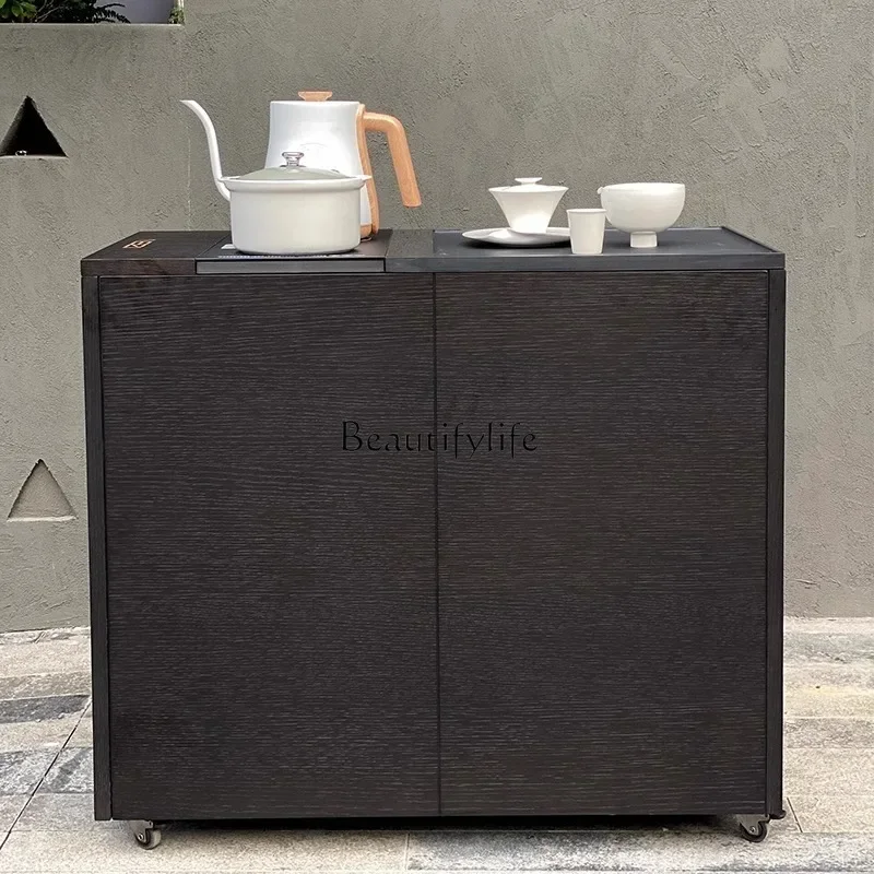 

Italian minimalist tea table side cabinet movable kettle integrated solid wood tea cabinet