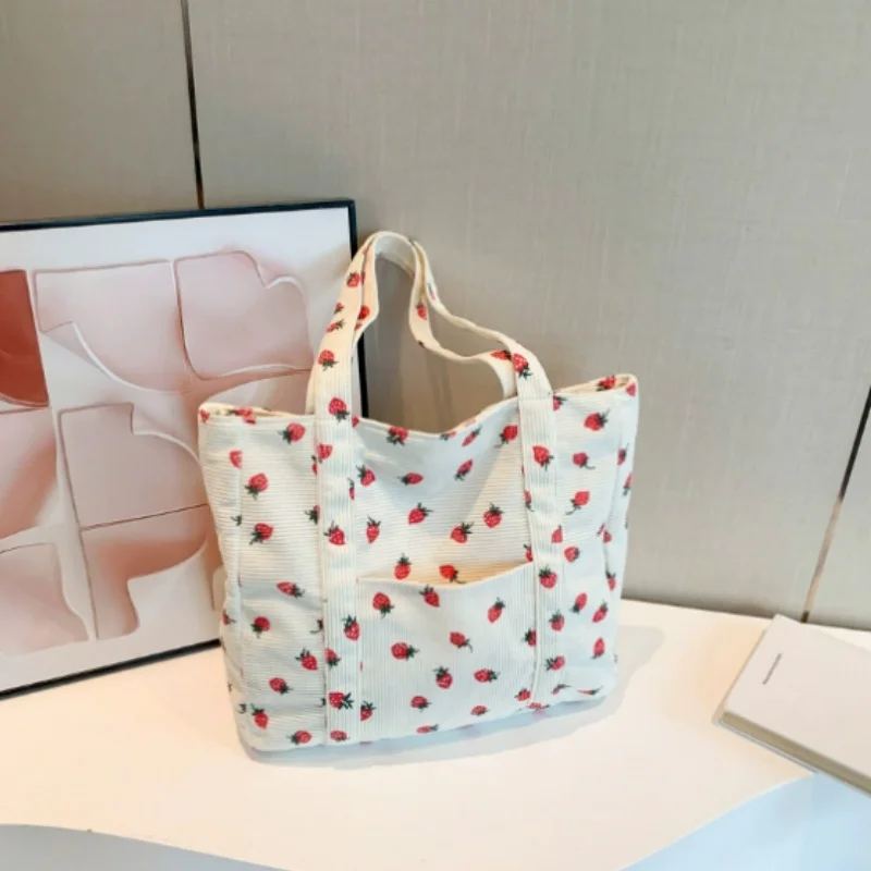 Lindo bolso de mano informal con estampado de fresa y cereza, bolso de compras de gran capacidad, bolso estético, bolso de compras para mujer