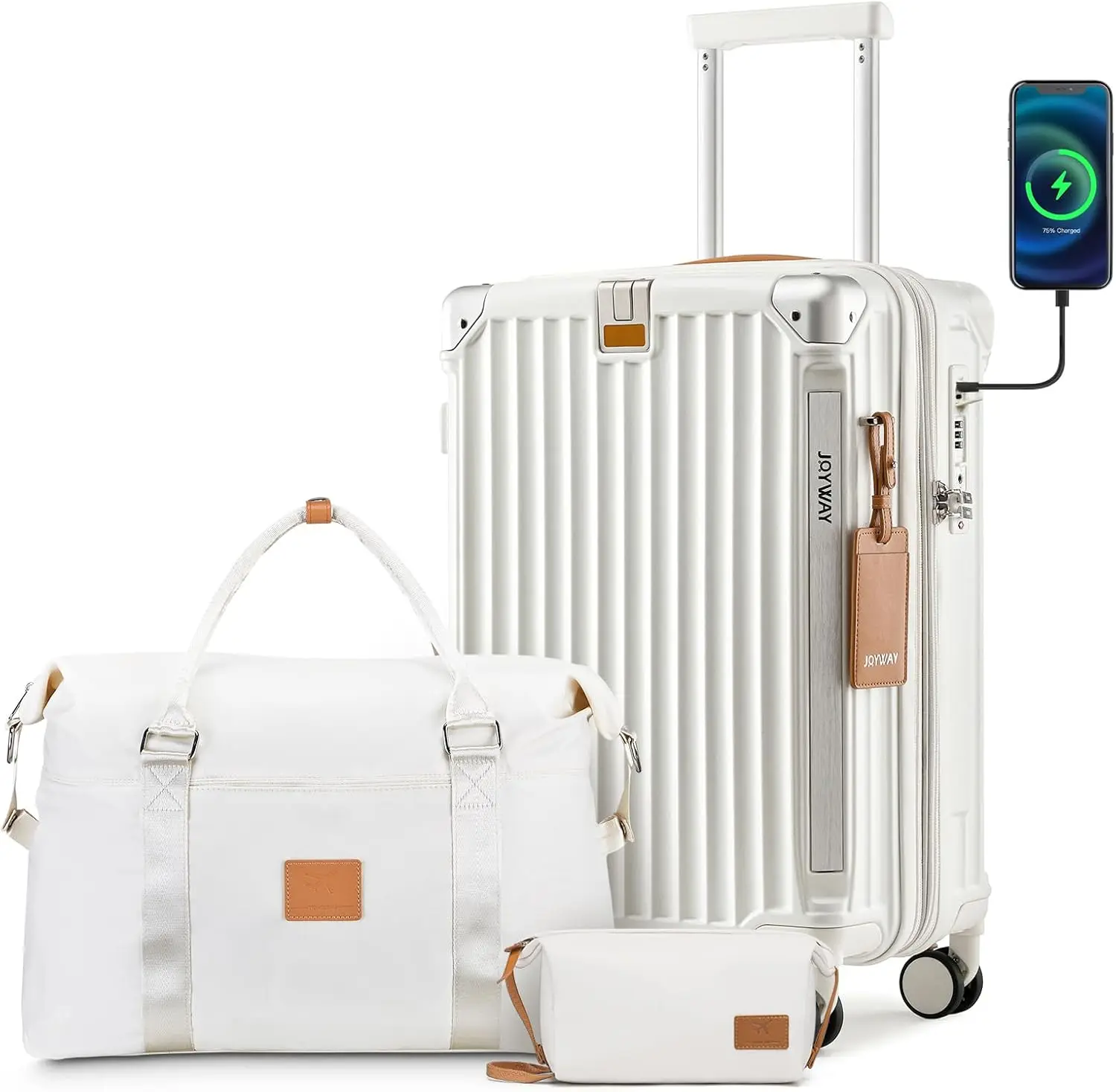 

20in Expandable Carry-On Luggage with USB Port & Cup Holder, Anti-Slip Wheels, 3-Piece Set in White for Travel