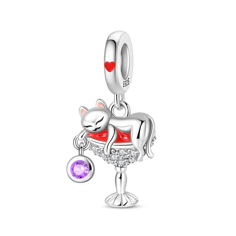 

2026 New 925 Sterling Silver Drunk Kitten Charms Pendant For Women Fit Original Bracelet DIY Birthday Party Jewelry Gifts