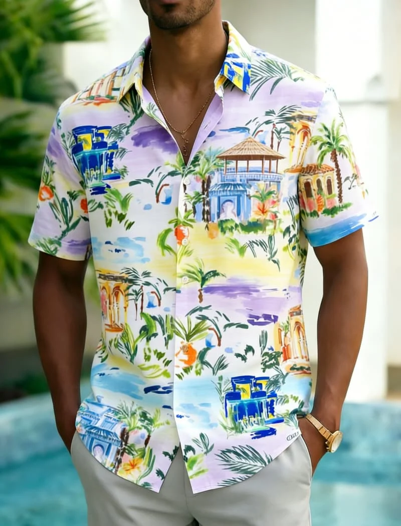 

Мужская рубашка с акварельным принтом в тропическом стиле, гавайский дизайн для летнего отдыха, повседневной носки и уличного стиля