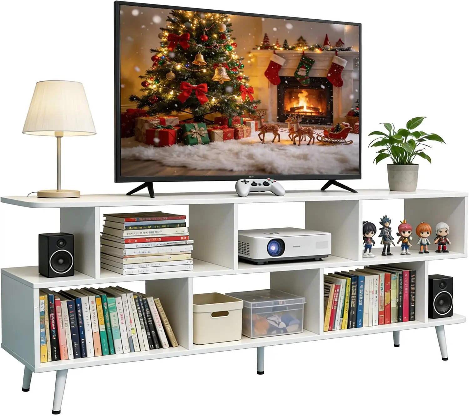 65 Inch TV Stand, up to 75 Inch TVs, Large Storage for Collection with 8 Open Shelves, Sturdy Media Console Table for Li