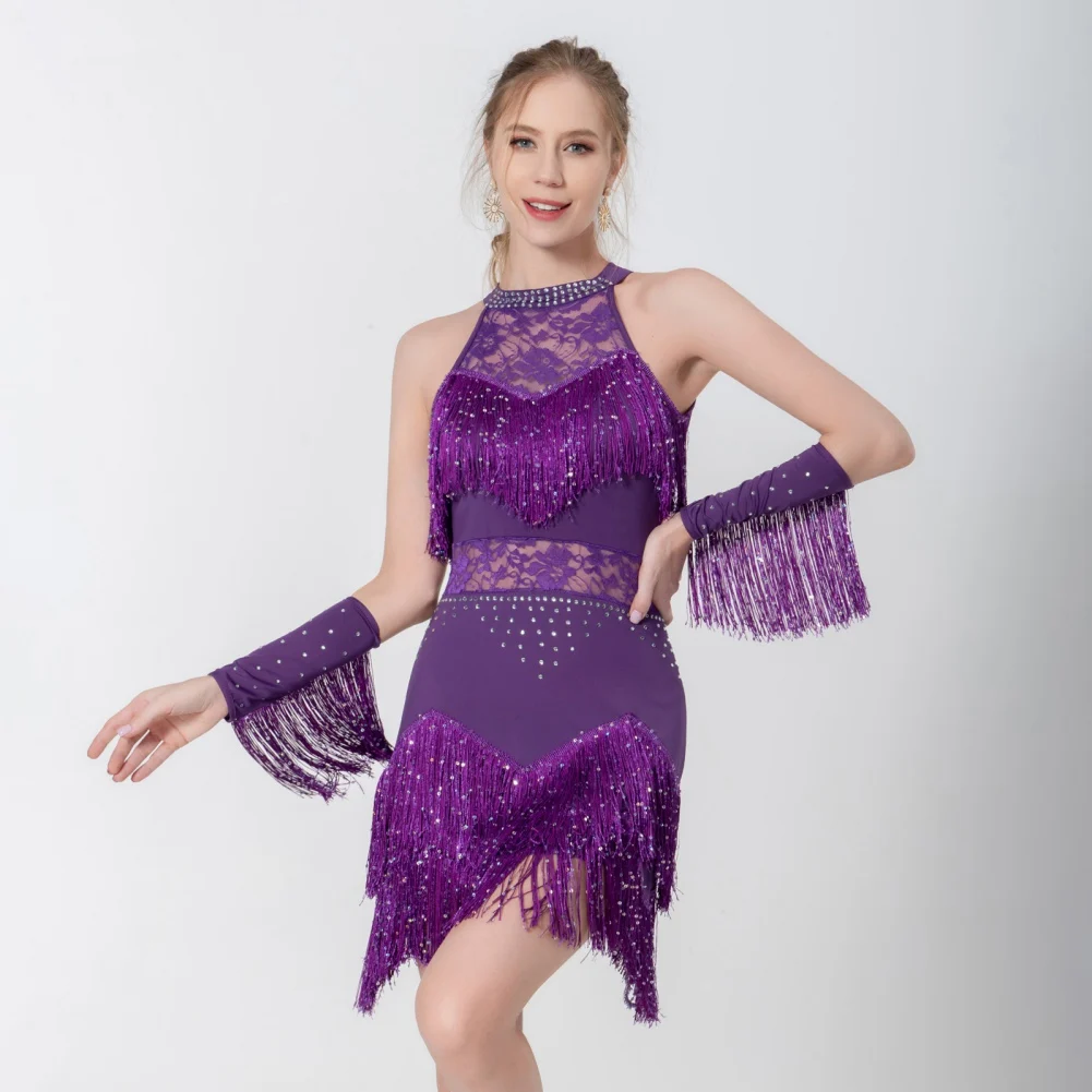 Women's Elegant Sequin Beaded Tassel Latin Dress With Sleeves Sexy Lace Hollow Out Halter Sparkly Rumba Cha-cha Dancewear