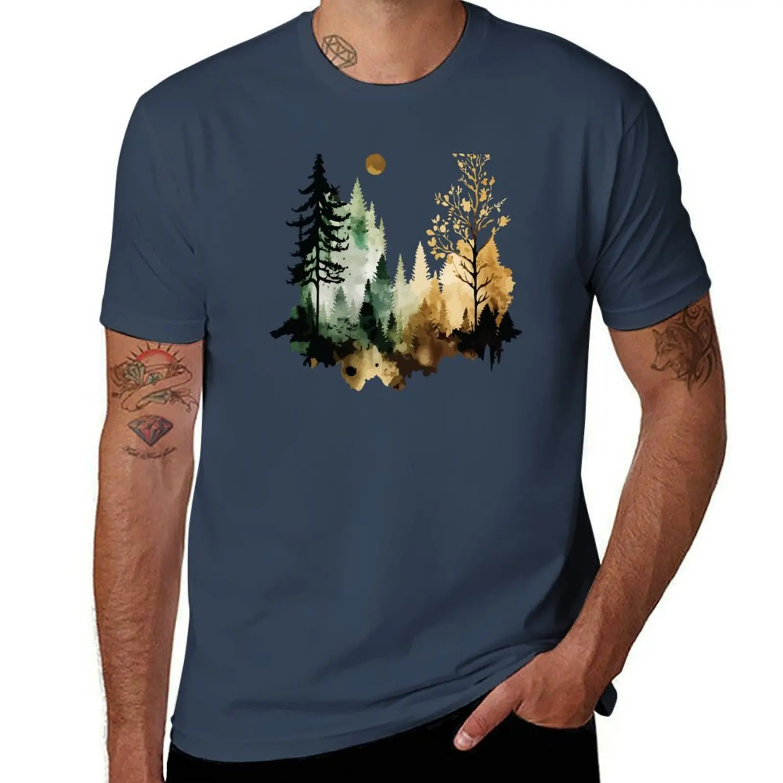 

A Sepia Forest Under the Moon - Watercolor Trees and Leaves T-Shirt printed t shirts for man man t shirts for men T-Shirt