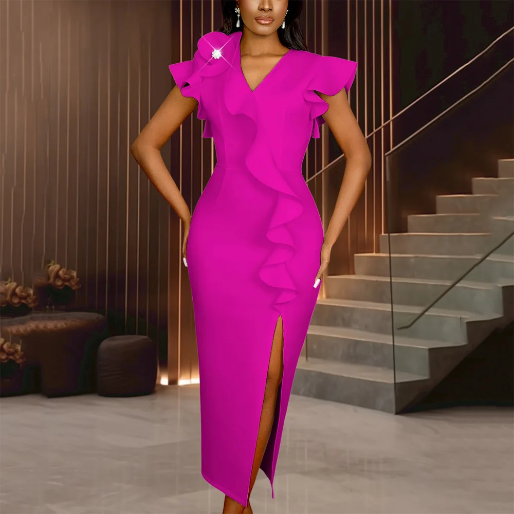

Luxury Dresses for Woman V Neck Ruffles Side Split Ankle Length Elegant Birthday Party Dinner Vestidos Mujer Clothes Wholesale