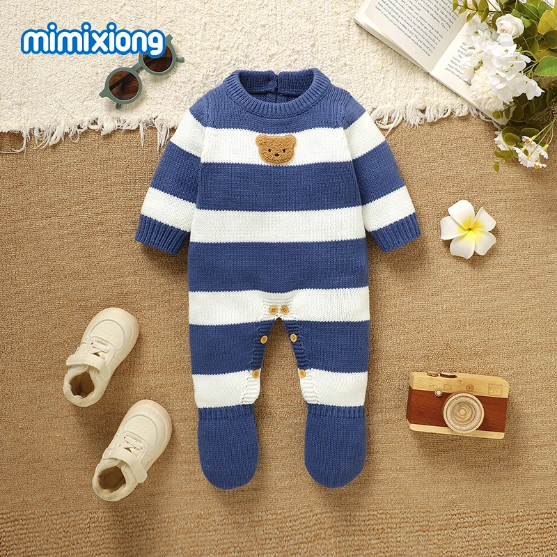

Baby Rompers Jumpsuits Clothes Cute Blue White Stripes Knitted Newborn Boys Girls Outfits Infant Toddler Overalls Wear One Piece