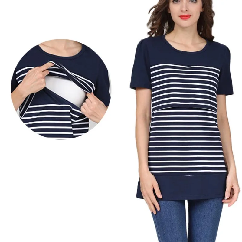 

Maternity Short Sleeve O-Neck 95% Cotton Nursing Tees Summer Striped Lactation Tops Postpartum Woman Breastfeeding T-Shirt