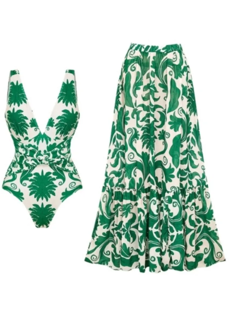 Bikini Bodysuit Swimwear Women With Skirt Bathing Suit Summer New Ruffle Splice Print Beachwear Holiday Bikini Cover Ups Outfits