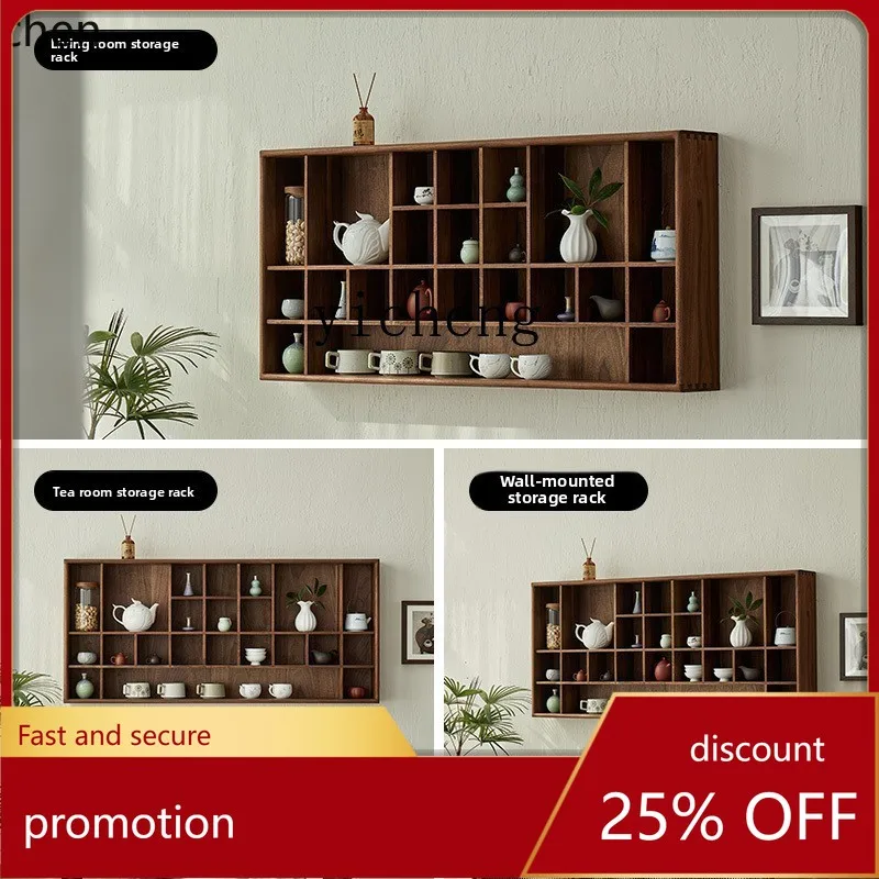 HXL Solid Wood Wall-Mounted Multi-Treasure Cabinet Tea Cup Rack Tea Set Storage