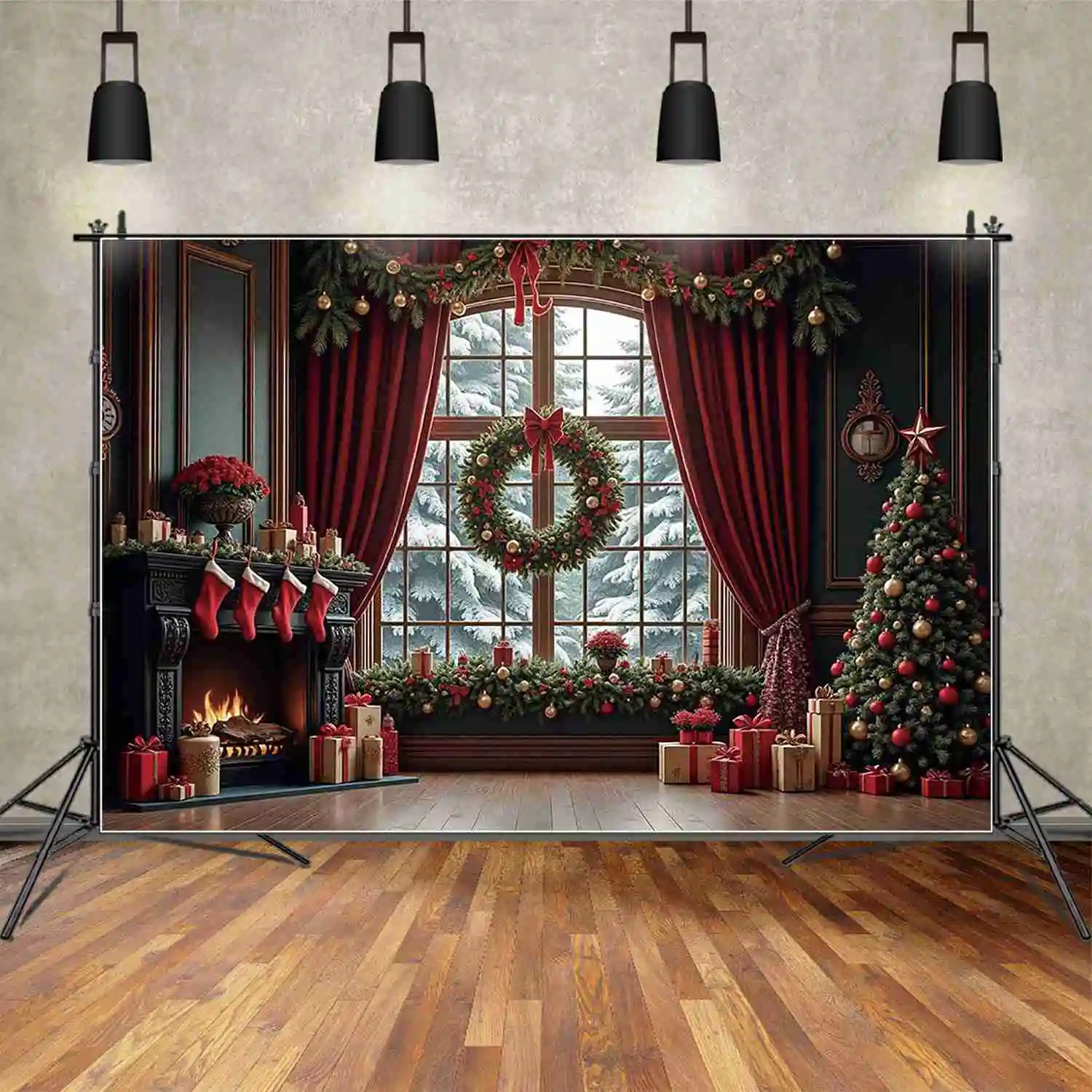 MOON.QG Luxury Christmas Trees Background Photography Snow Pine Curtain Window Arch Door Backdrop Photographic Studio Supplier