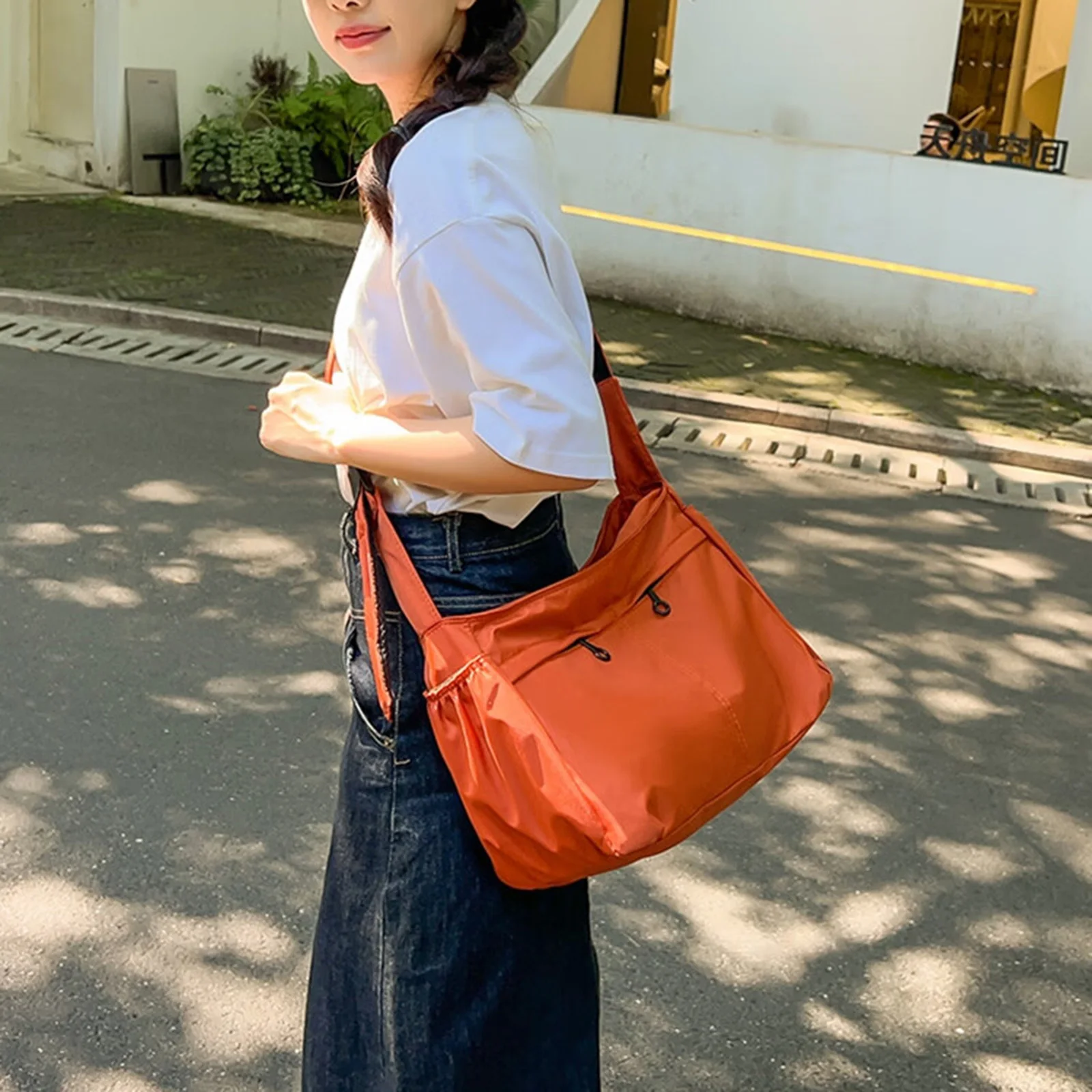 Large Capacity Waterproof Nylon Tote Bag Orange Lightweight Shoulder Bag for Daily Commute Shopping