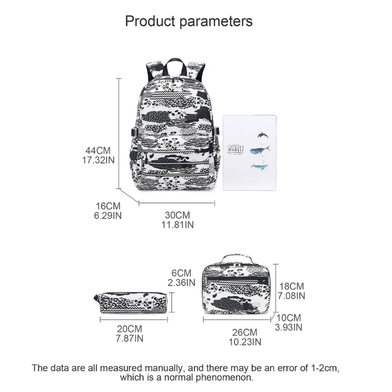 Mochila con estampado 3 uds, bolsa almuerzo aislada, bolsa lápices, mochila escolar capacidad