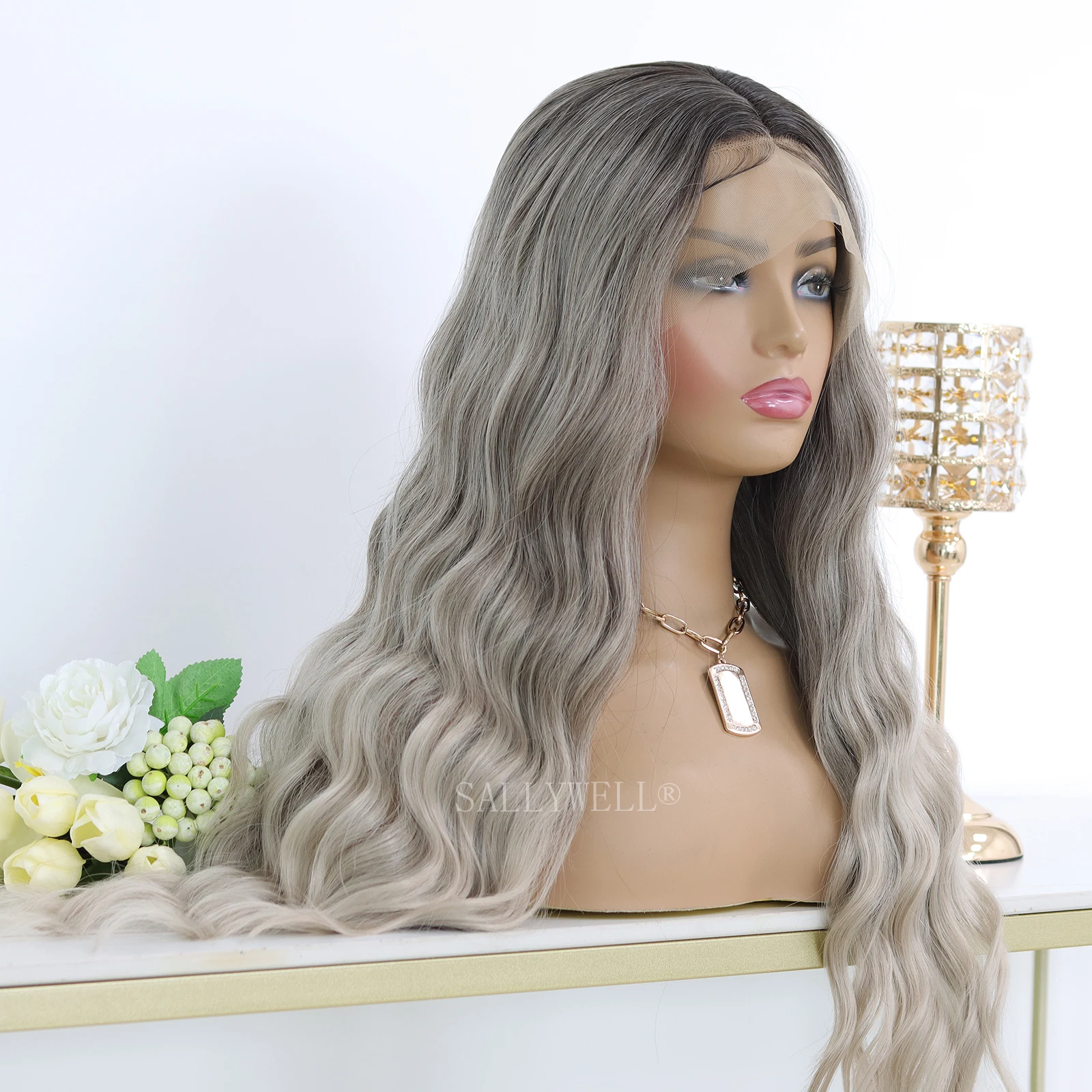 Ombre Grey13×4 Lace Front Wigs for Women Natural Synthetic Wig with Dark Roots Loose Wavy Wigs Heat Resistant