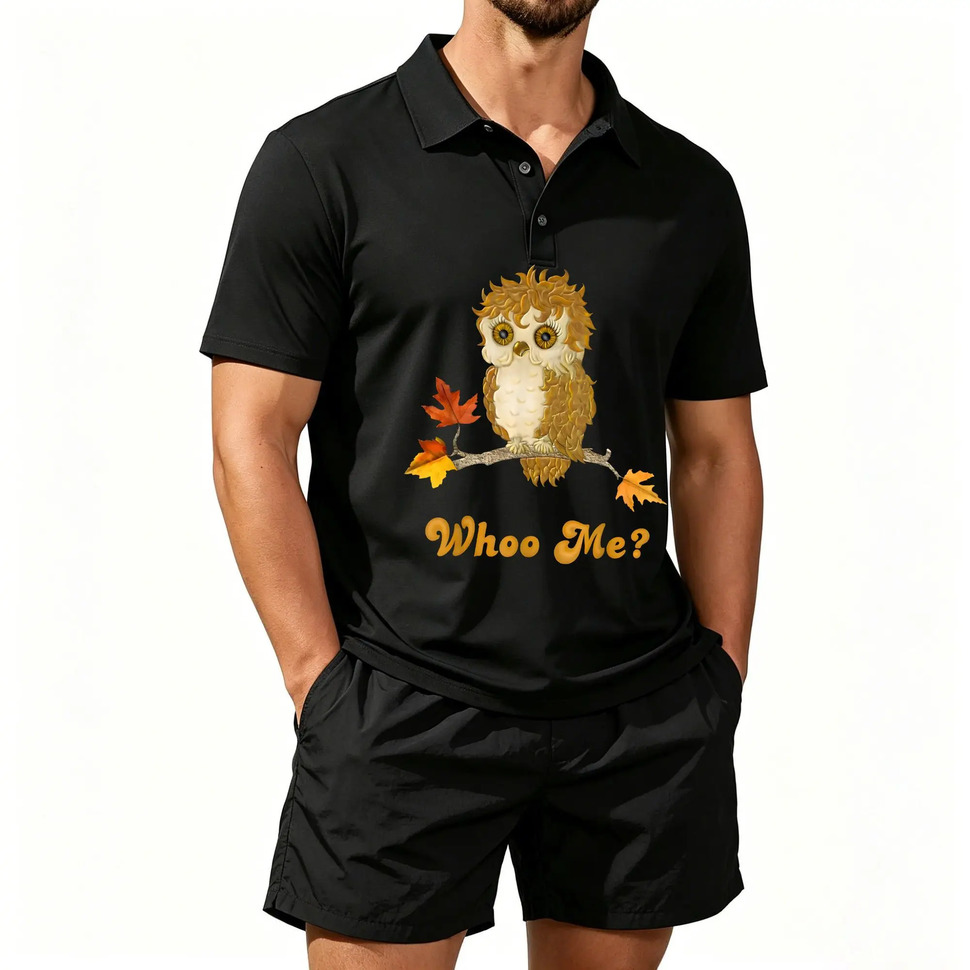 Men's Short-Sleeved Polo Shirt Set with Owl-Themed Puns, Suitable for Everyday Wear and Outdoor Activities. The Fabric Is Breathable and Skin-Friendly and Can Be Machine Washed.