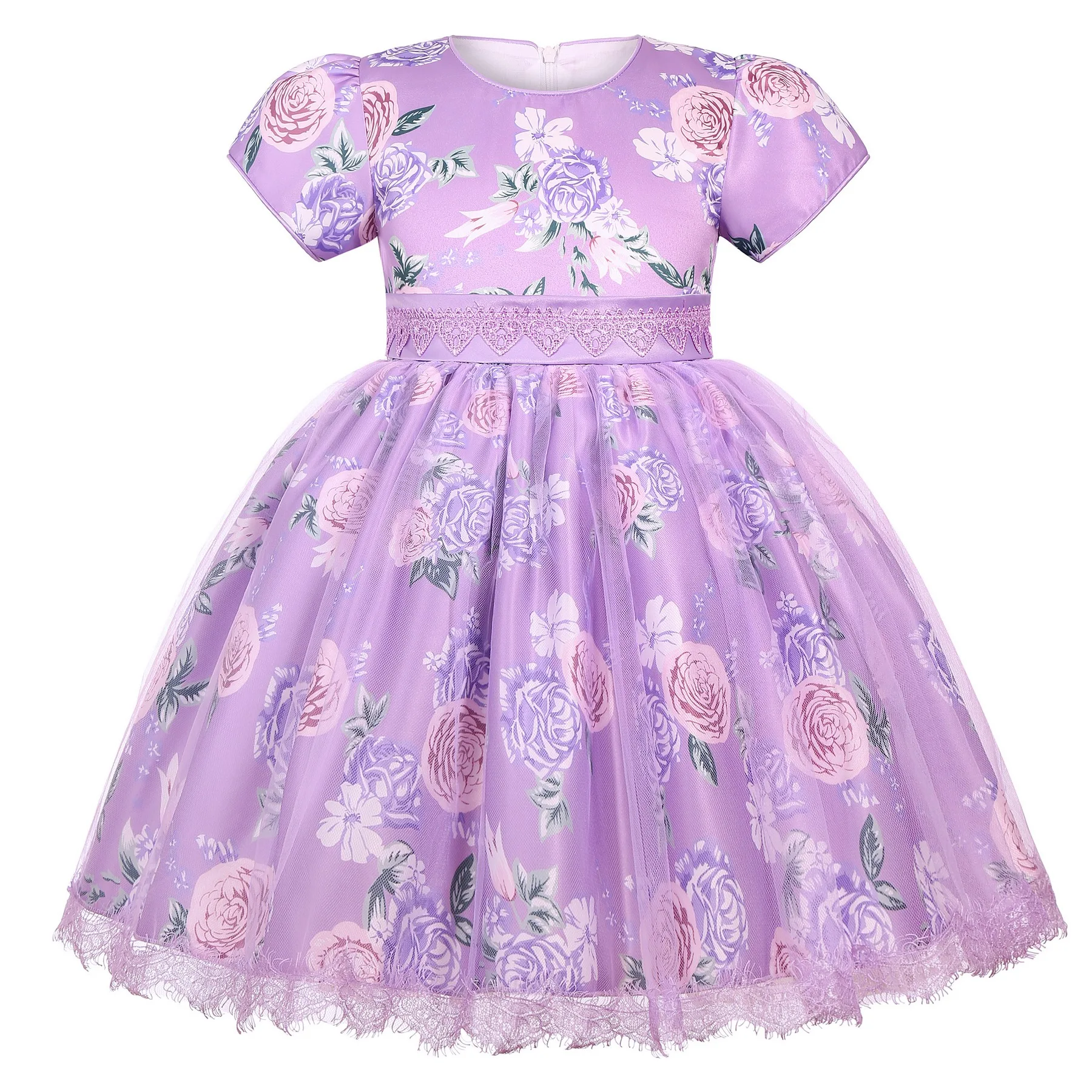 Cross-border special summer burst dress girls printed waist wedding dress flower girl short-sleeved princess puffy skirt