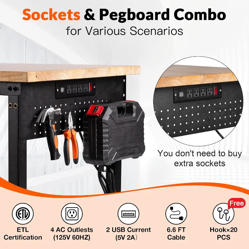 48“ Adjustable Height Workbench Work Bench for Garage Work Table with Under Table Shelf Heavy Duty Rubber Wood Top