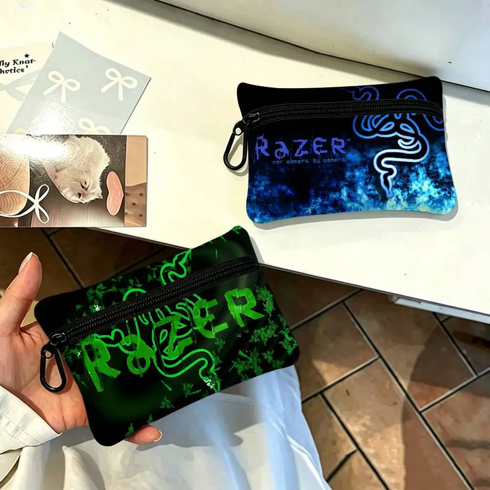 Razer Logo Game Snake Cartoon Portable Oxford Cloth Coin Purse Alloy Carabiner Hook Small Zipper Pouch For Backpack Belt Daily