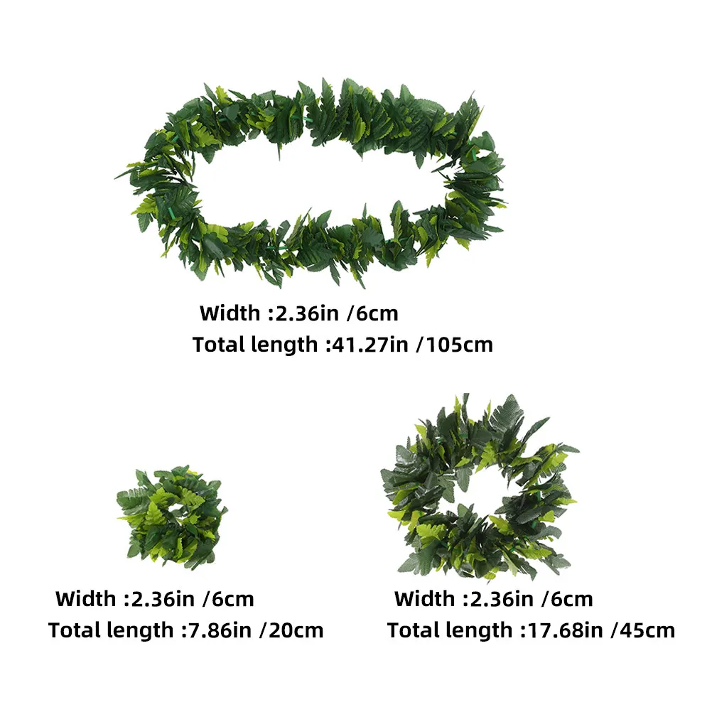 2Sets Hawaiian Artificial Green Leaf Garland Realistic Fabric Headband Necklace Bracelet for Tropical Luau Beach Pool Dance view 5