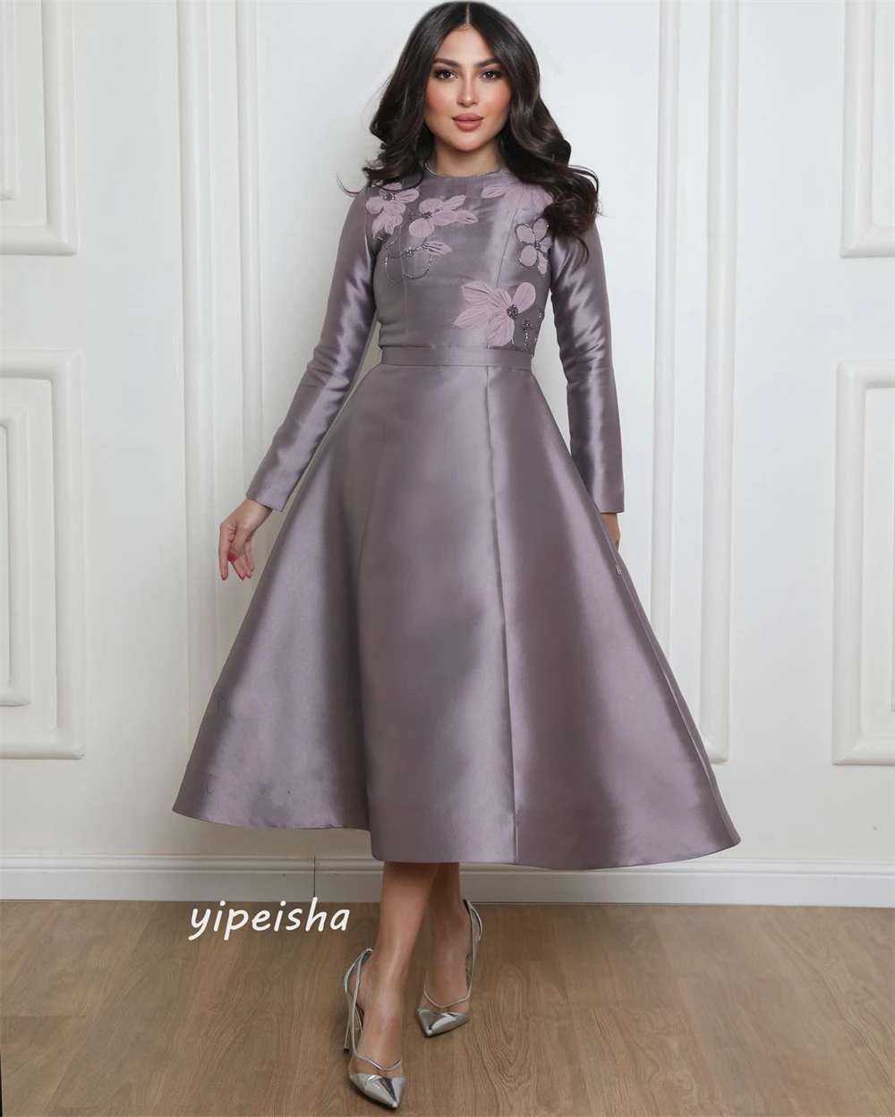 Jiayigong  Satin Appliques Formal Evening A-line O-Neck Bespoke Occasion Dresses Tea-Length