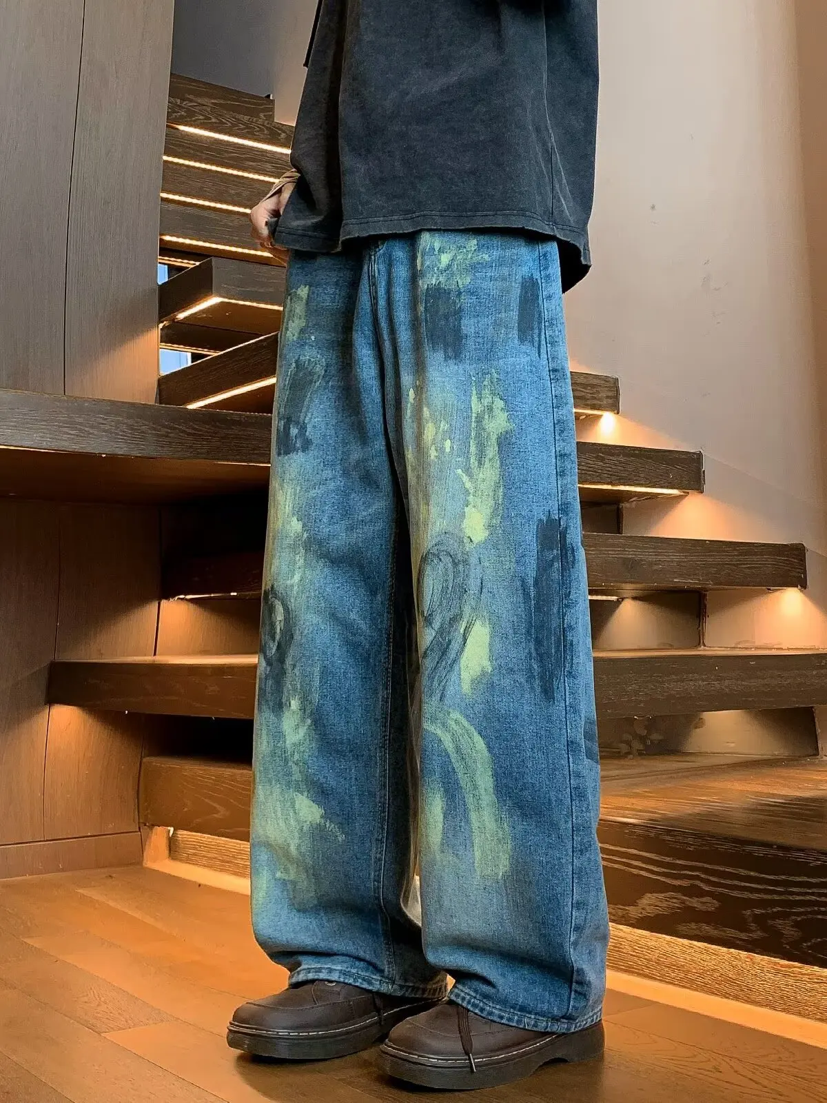 Calças Jeans Estilo Americano com Tingimento Específico para Homens e Mulheres, Corte Solto, Perna Larga, Tubo Reto, Calças L...