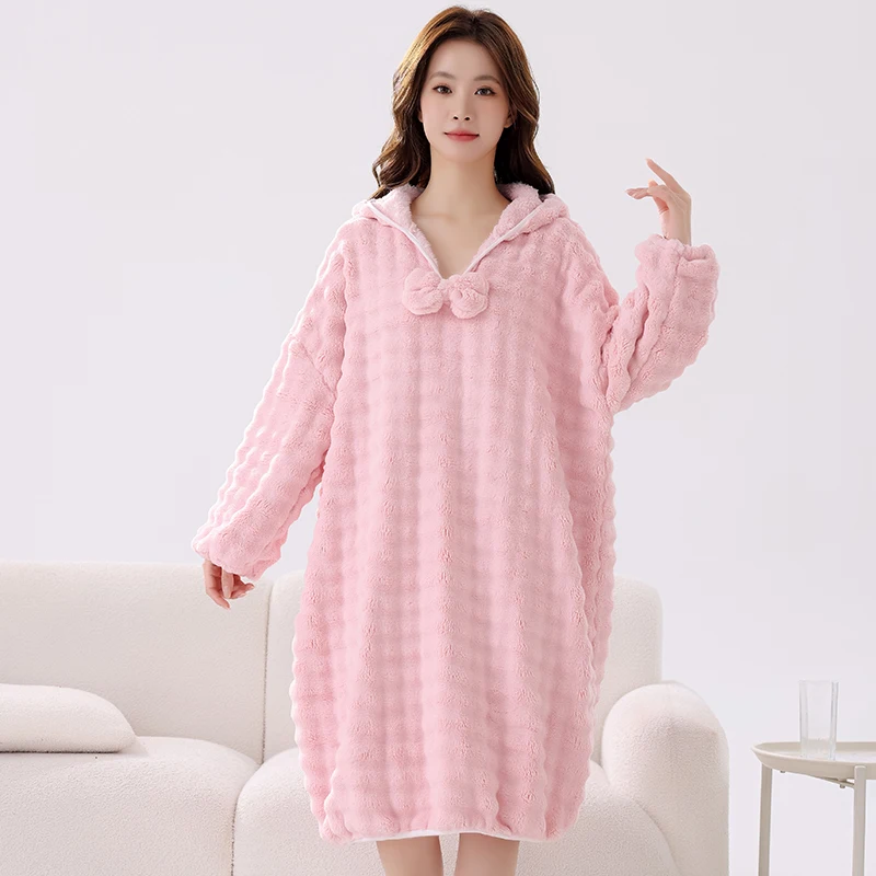 Large Size Pajamas Women Nightgown Hooded Fleece Plush Soft Long Sleeve Bow Robes Oversized Winter Warm Sleepwear Bathrobe
