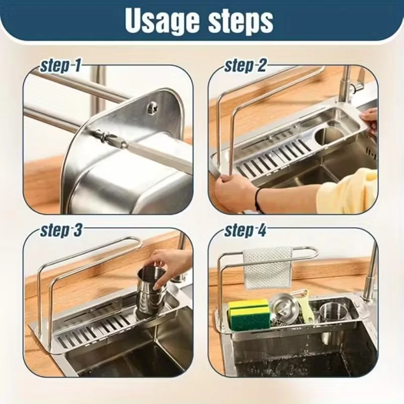 Sleek Design, Expandable Stainless Steel Kitchen Sink Organizer - Dish Draining Rack with Sponge Holder, Fits All Sinks view 6