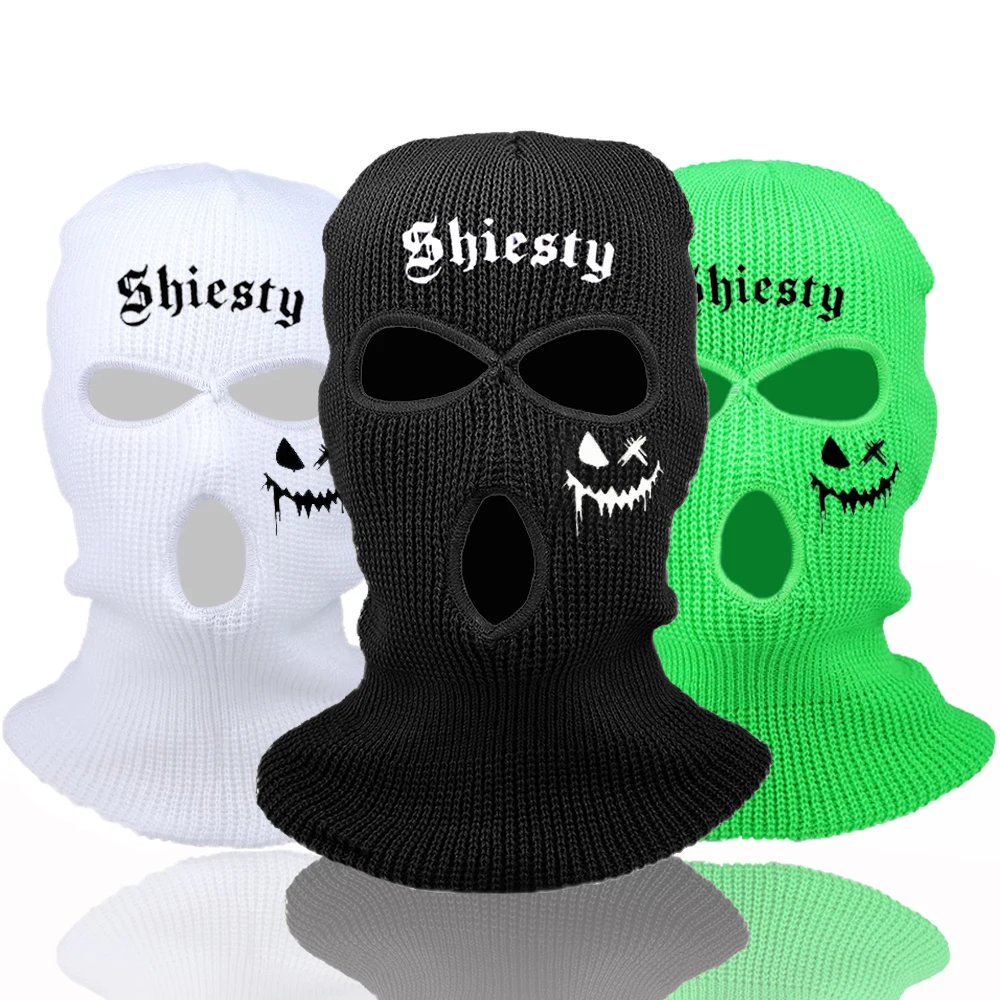 Chapéu balaclava de 3 buracos máscara facial completa, com design de bordado de careta, chapéu de malha para equitação quente ao ar livre, presentes de Halloween