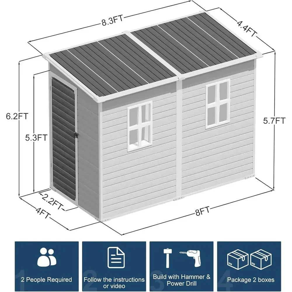 Gray 8x4 Plastic Storage Shed with Floor Window for Outdoor Garden or Tool Storage