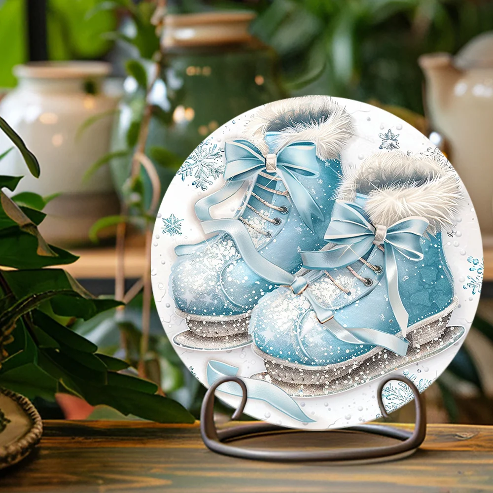 Vintage Ice Skates Aluminum Sign - 1pc, 2D Decorative Wall Hanging Plaque for Home & Garden, Multipurpose, Pre-Drilled Holes, No